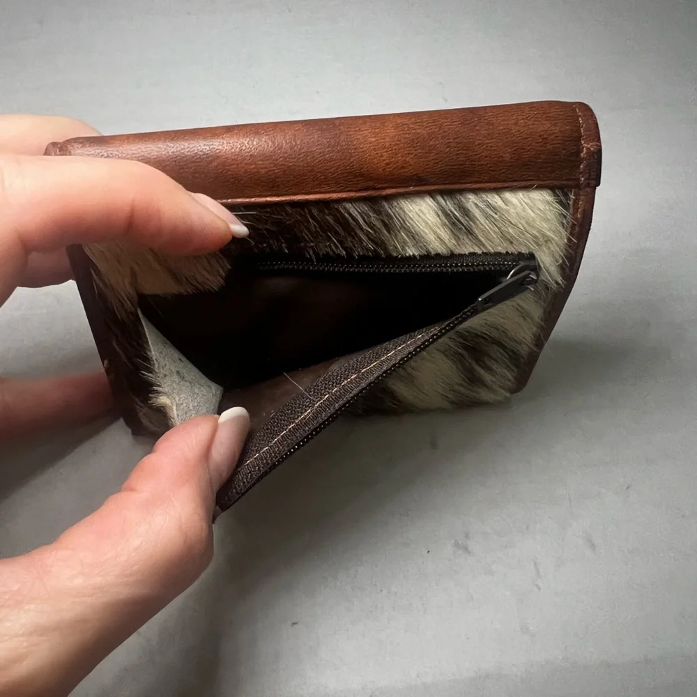 NEW Vintage Argentine Handmade Cowhide Tri-Fold Leather Wallet‎ Brown Ivory